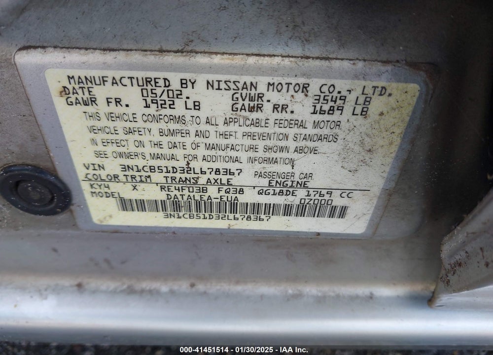 2002 NISSAN SENTRA GXE VIN: 3N1CB51D32L678367