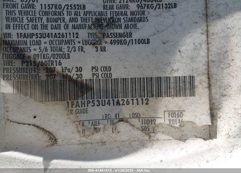 2001 FORD TAURUS SE VIN: 1FAHP53U41A261112