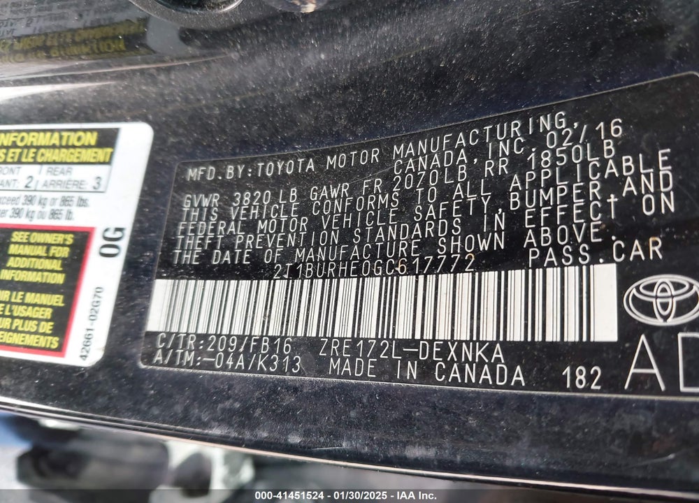 2016 TOYOTA COROLLA VIN: 2T1BURHE0GC617772