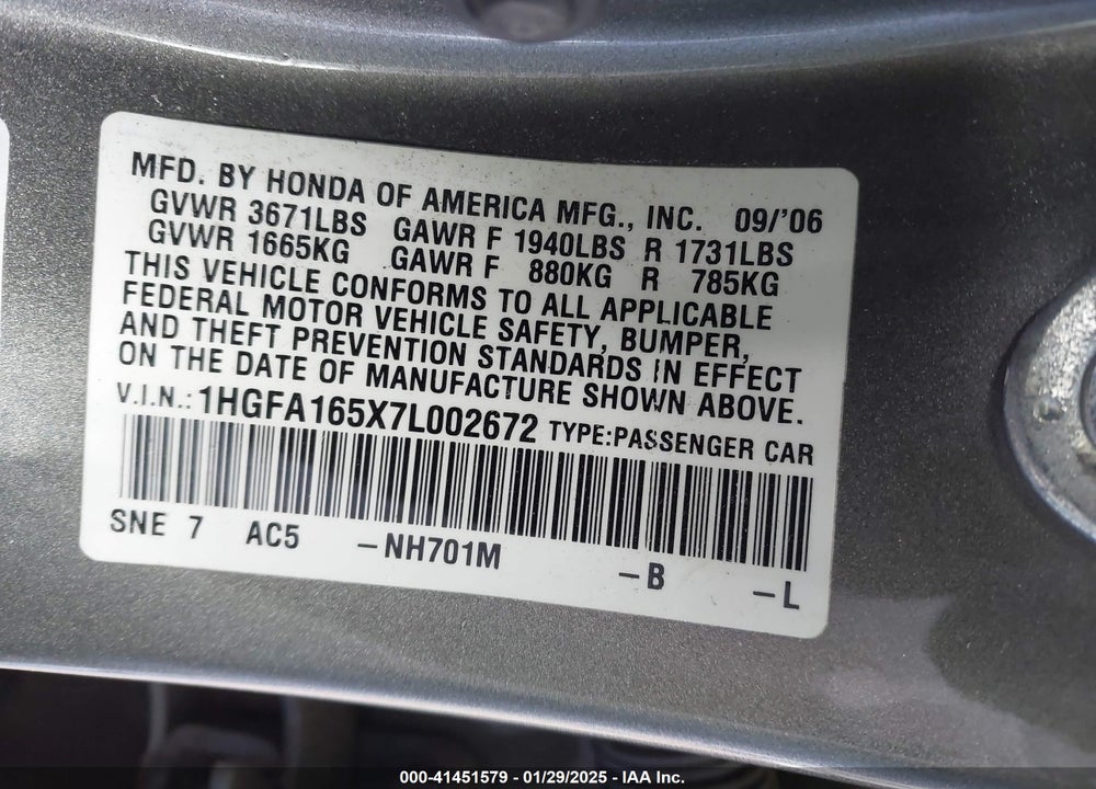2007 HONDA CIVIC LX VIN: 1HGFA165X7L002672