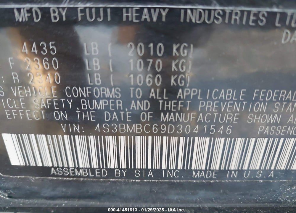 2013 SUBARU LEGACY VIN: 4S3BMBC69D3041546