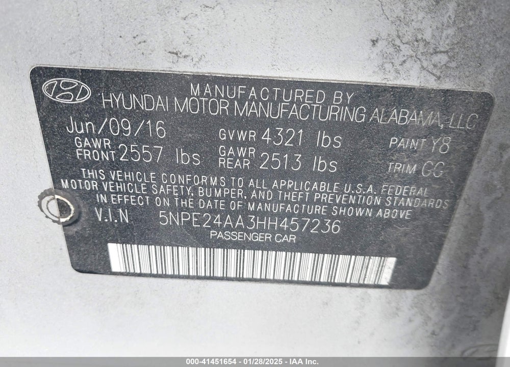 2017 HYUNDAI SONATA VIN: 5NPE24AA3HH457236