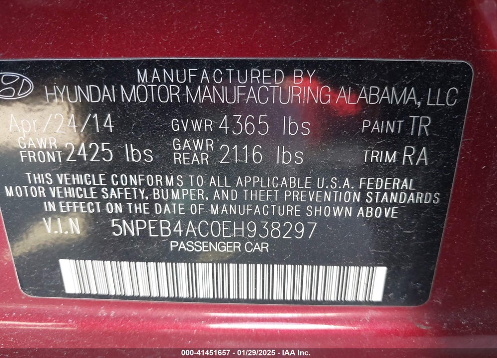2014 HYUNDAI SONATA GLS VIN: 5NPEB4AC0EH938297