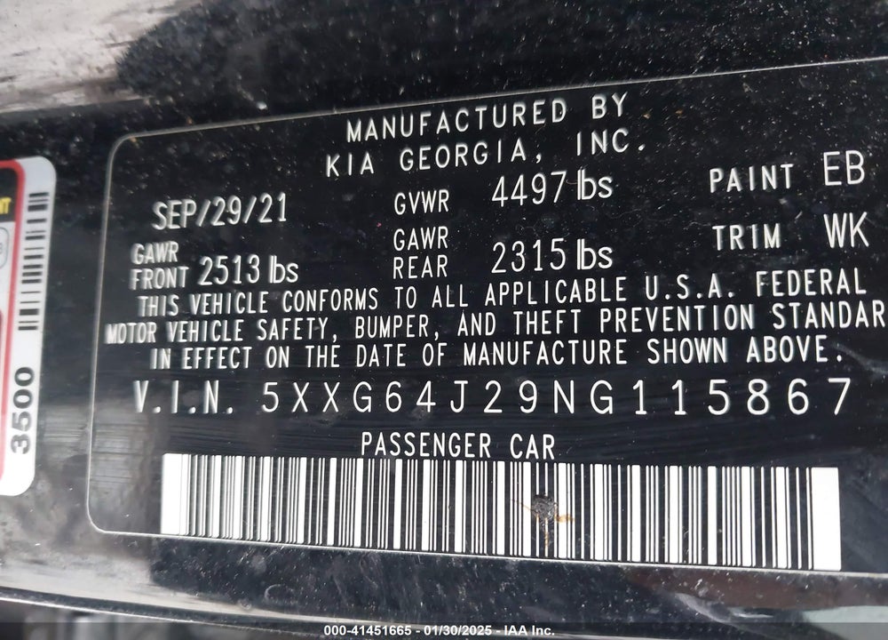 2022 KIA K5 VIN: 5XXG64J29NG115867