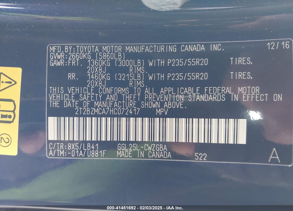 2017 LEXUS RX 350 VIN: 2T2BZMCA7HC072417