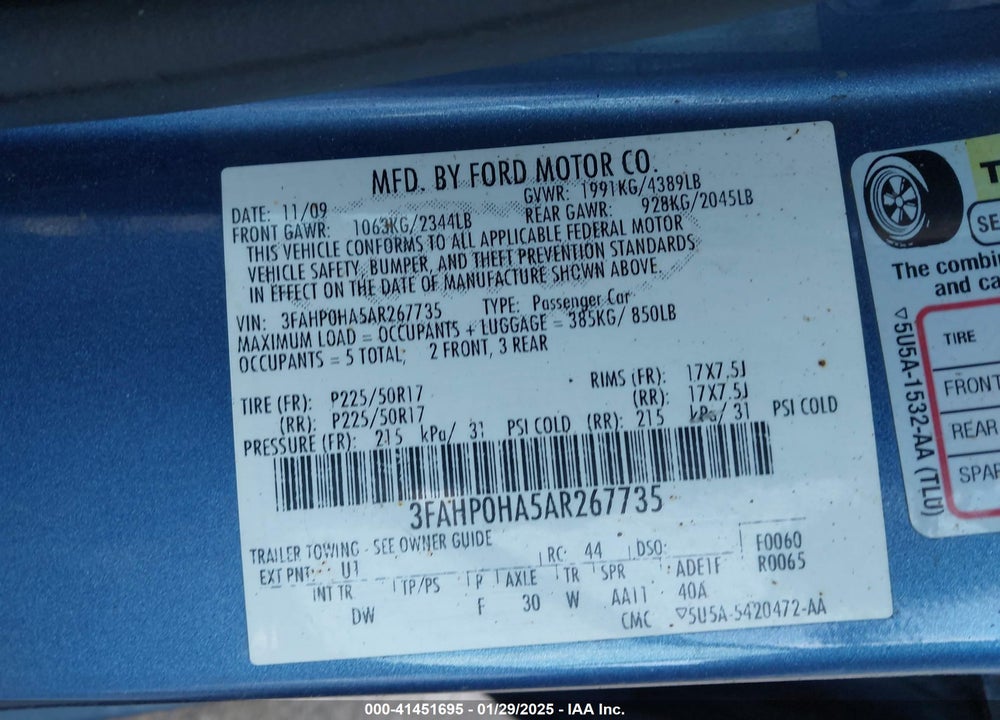2010 FORD FUSION SE VIN: 3FAHP0HA5AR267735