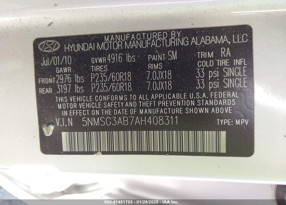 2010 HYUNDAI SANTA FE VIN: 5NMSG3AB7AH408311