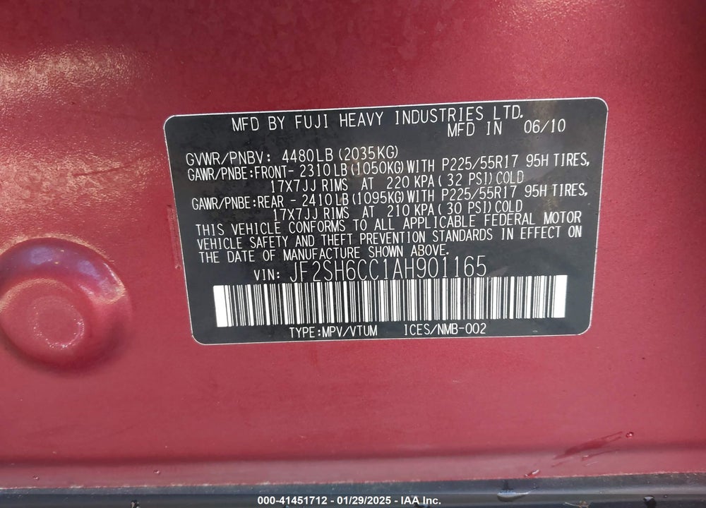 2010 SUBARU FORESTER 2.5X PREMIUM VIN: JF2SH6CC1AH901165