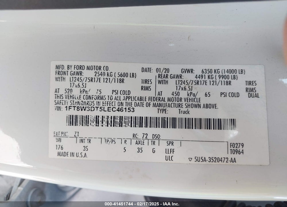 2020 FORD F 350 VIN: 1FT8W3DT5LEC46153