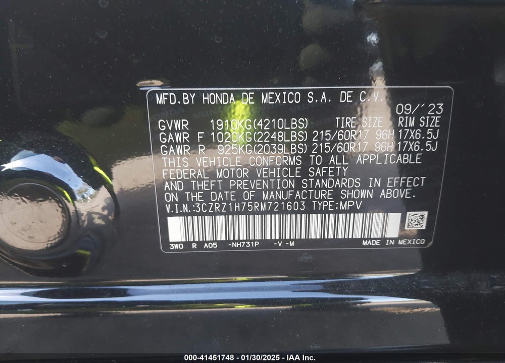 2024 HONDA HR-V 2WD EX-L/2WD EX-L W/O BSI VIN: 3CZRZ1H75RM721603