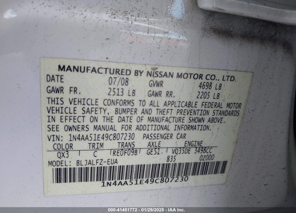 2009 NISSAN MAXIMA VIN: 1N4AA51E49C807230