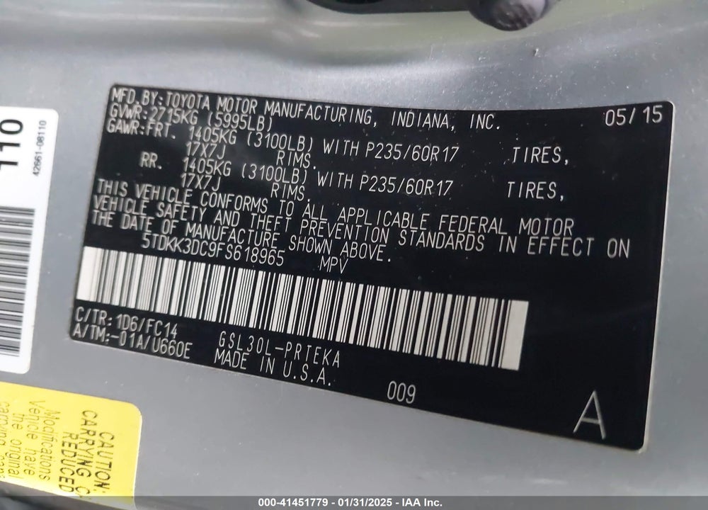 2015 TOYOTA SIENNA LE 8 PASSENGER VIN: 5TDKK3DC9FS618965