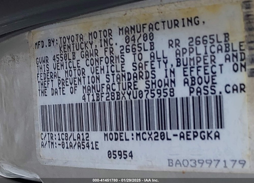 2000 TOYOTA AVALON XLS VIN: 4T1BF28BXYU075958