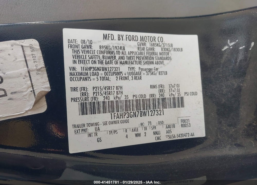 2011 FORD FOCUS SES VIN: 1FAHP3GN7BW127321