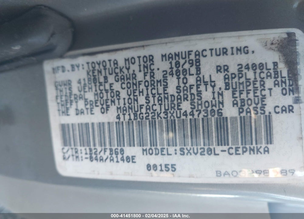 1999 TOYOTA CAMRY LE VIN: 4T1BG22K3XU447306