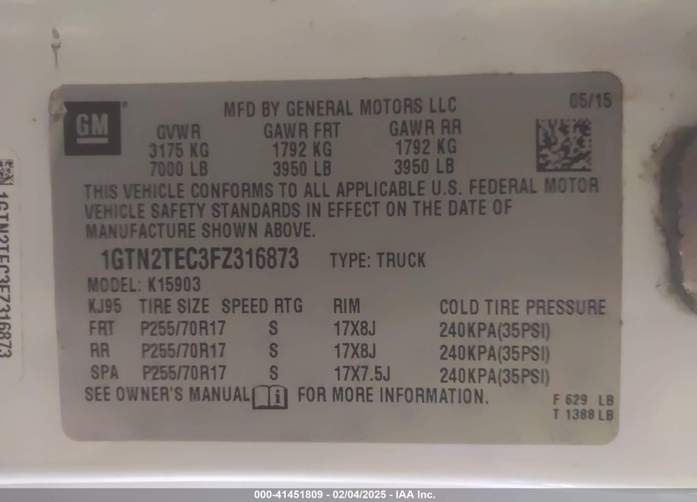 2015 GMC SIERRA 1500 VIN: 1GTN2TEC3FZ316873