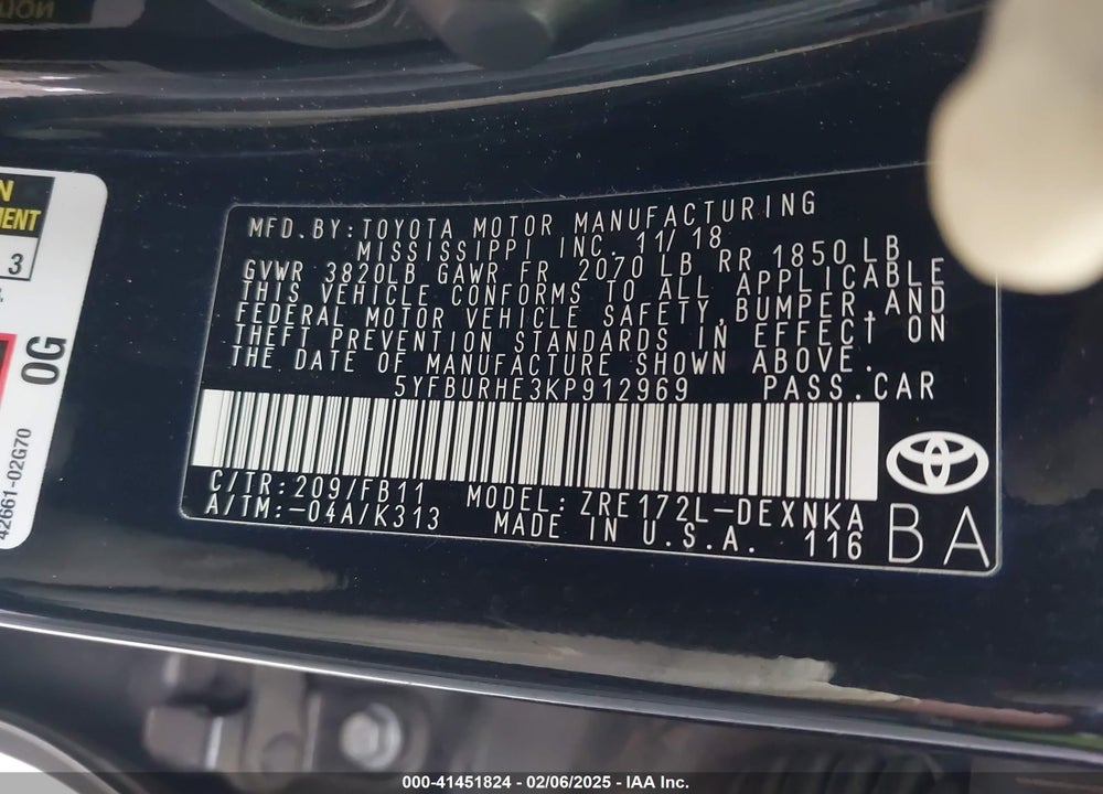 2019 TOYOTA COROLLA VIN: 5YFBURHE3KP912969