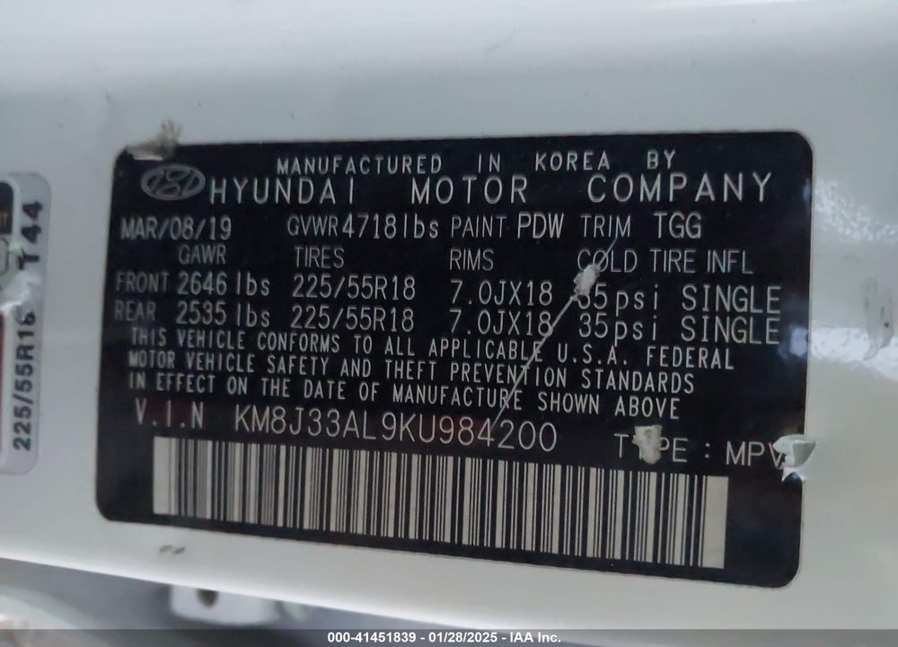 2019 HYUNDAI TUCSON SEL VIN: KM8J33AL9KU984200