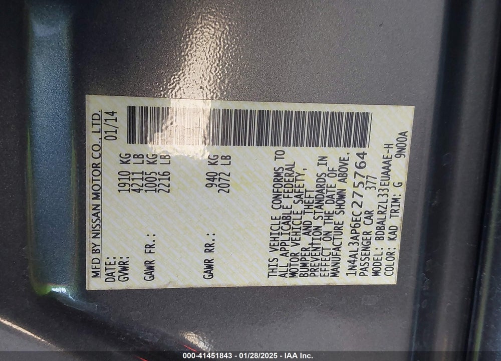 2014 NISSAN ALTIMA VIN: 1N4AL3AP6EC275764