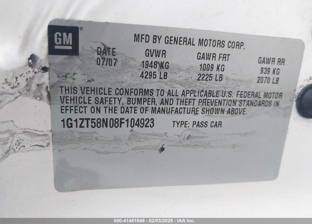 2008 CHEVROLET MALIBU CLASSIC VIN: 1G1ZT58N08F104923