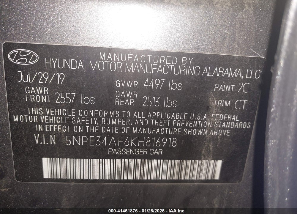 2019 HYUNDAI SONATA VIN: 5NPE34AF6KH816918