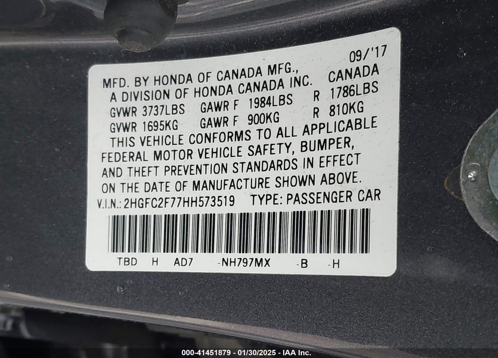 2017 HONDA CIVIC VIN: 2HGFC2F77HH573519