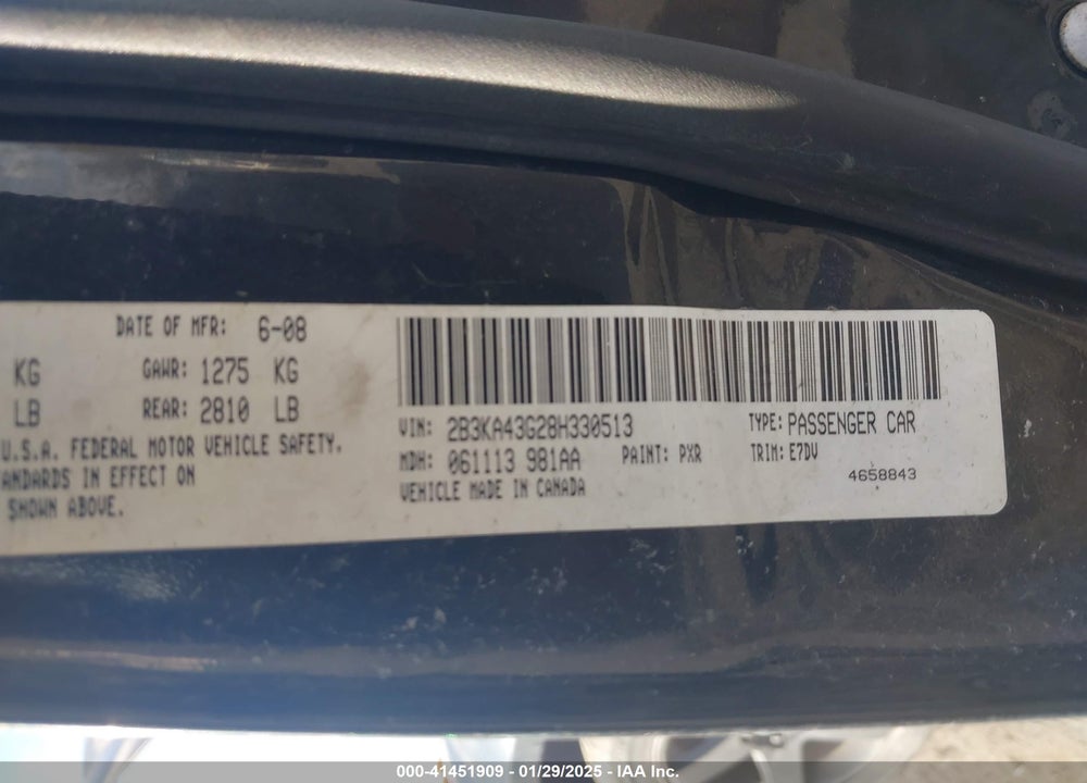 2008 DODGE CHARGER VIN: 2B3KA43G28H330513