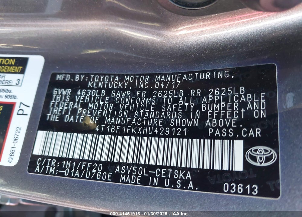 2017 TOYOTA CAMRY SE VIN: 4T1BF1FKXHU429121