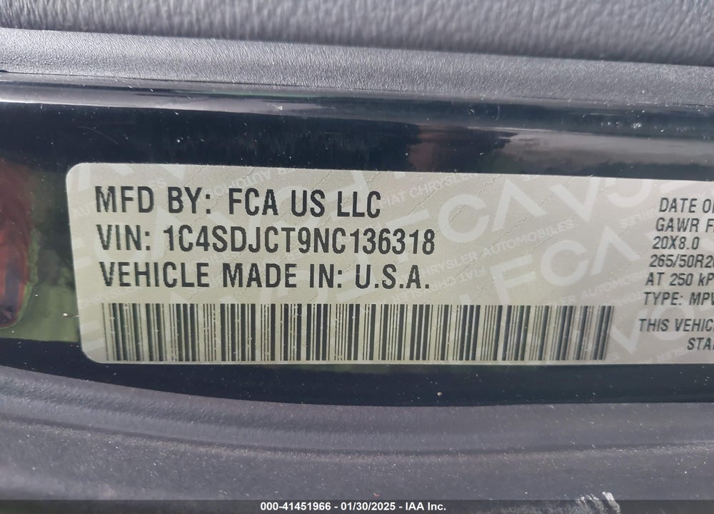 2022 DODGE DURANGO R/T AWD VIN: 1C4SDJCT9NC136318