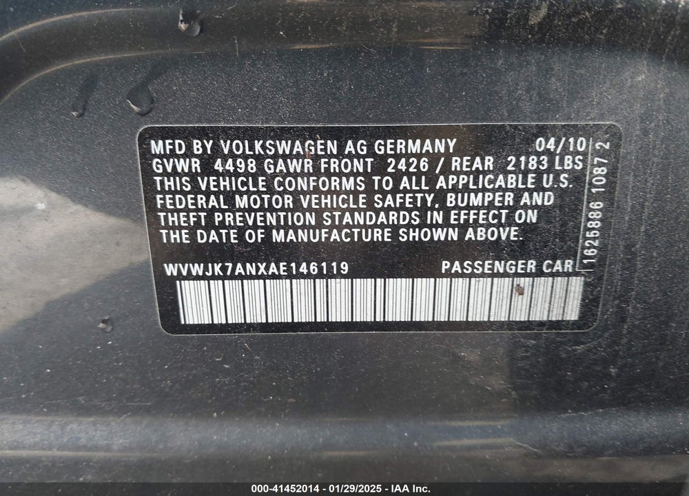2010 VOLKSWAGEN PASSAT VIN: WVWJK7ANXAE146119