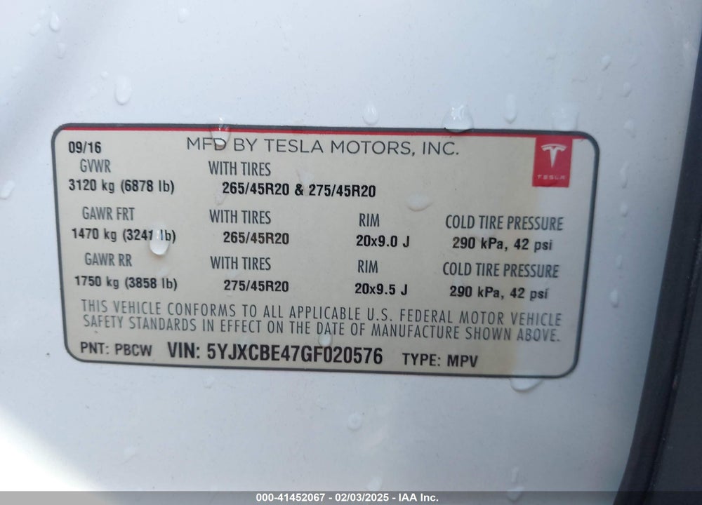 2016 TESLA MODEL X 75D/P100D/P90D VIN: 5YJXCBE47GF020576
