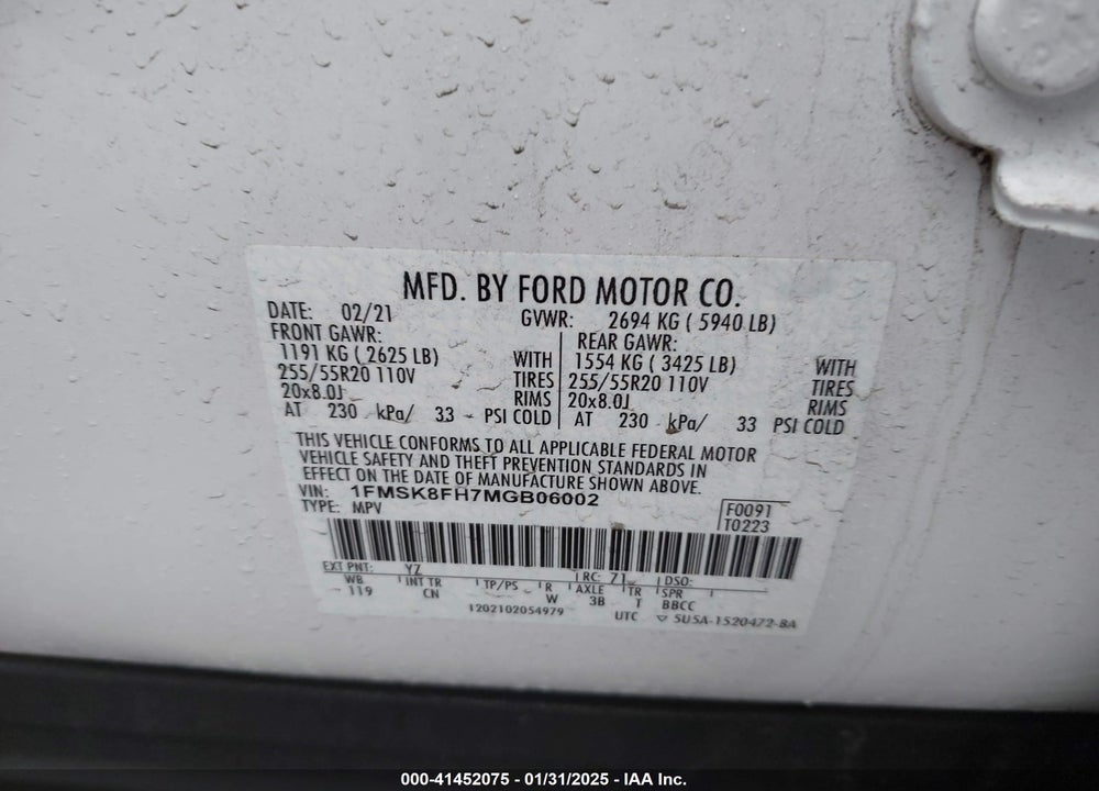 2021 FORD EXPLORER LIMITED VIN: 1FMSK8FH7MGB06002