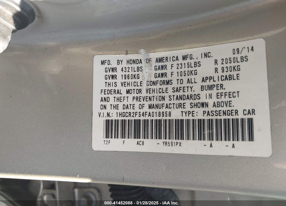 2015 HONDA ACCORD VIN: 1HGCR2F54FA018958