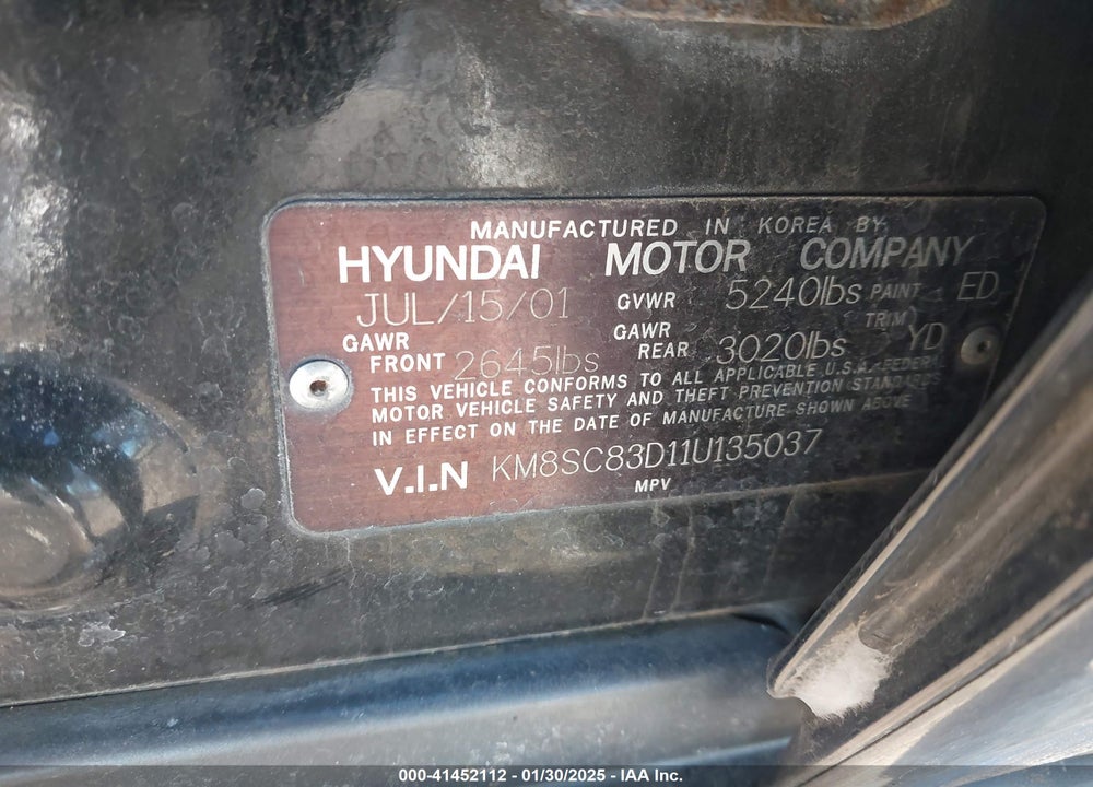 2001 HYUNDAI SANTA FE 2.7L V6 GLS/2.7L V6 LX VIN: KM8SC83D11U135037