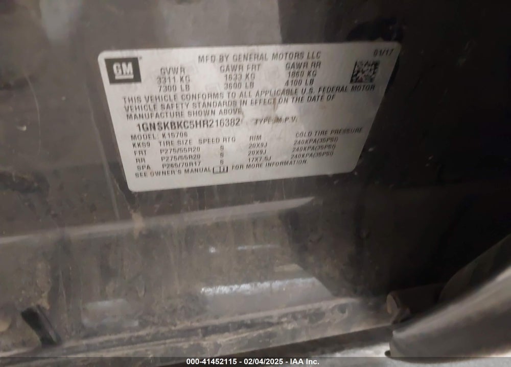 2017 CHEVROLET TAHOE LT VIN: 1GNSKBKC5HR216382
