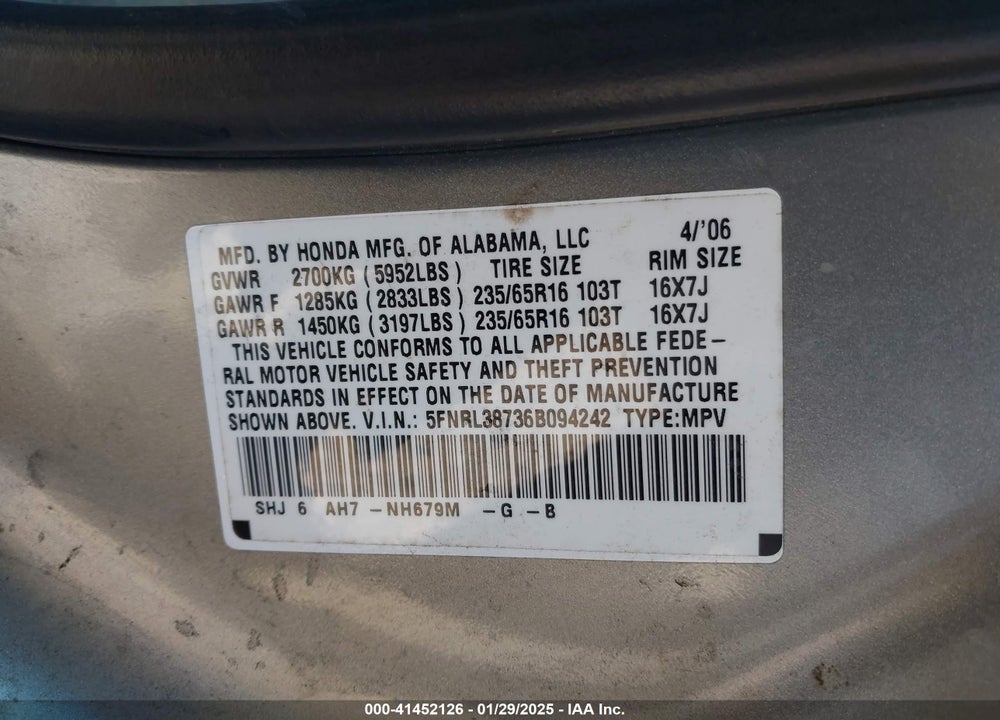 2006 HONDA ODYSSEY EX-L VIN: 5FNRL38736B094242