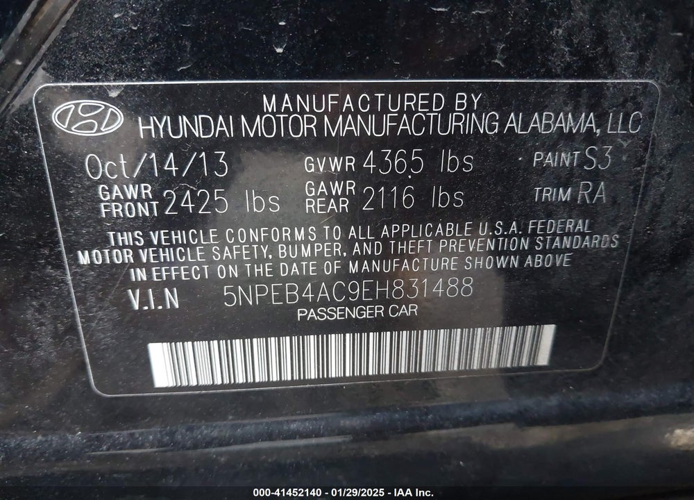 2014 HYUNDAI SONATA GLS VIN: 5NPEB4AC9EH831488