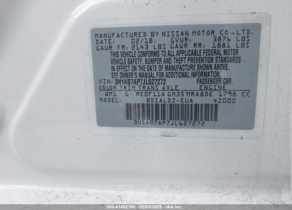 2018 NISSAN SENTRA VIN: 3N1AB7AP7JL627272