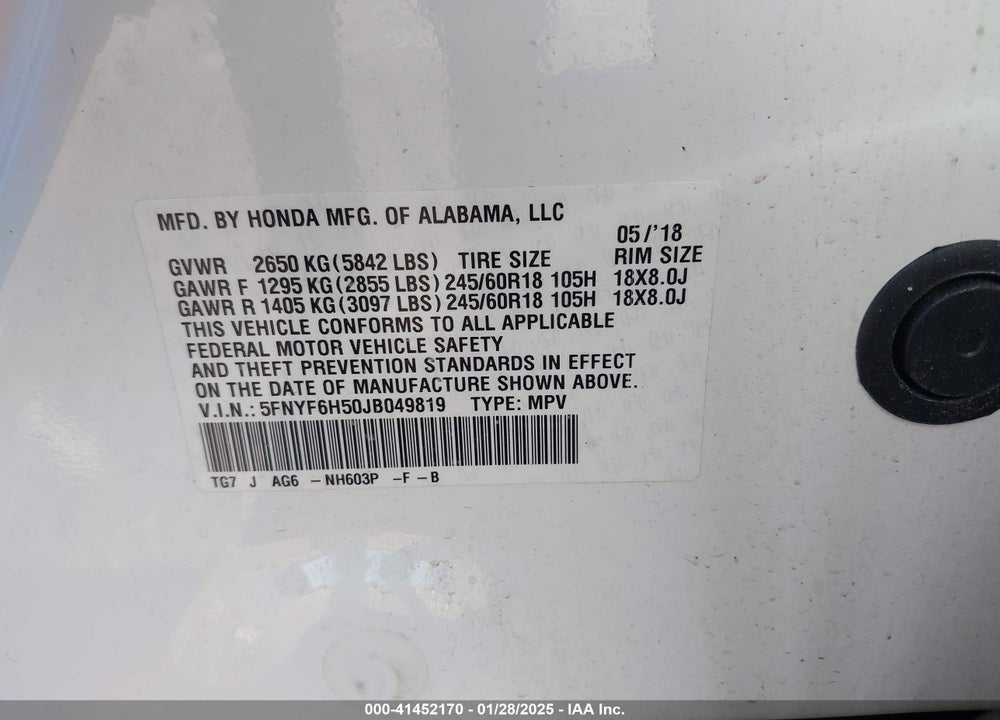 2018 HONDA PILOT EX-L VIN: 5FNYF6H50JB049819