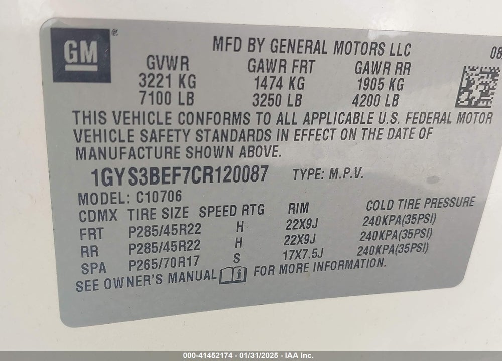 2012 CADILLAC ESCALADE LUXURY VIN: 1GYS3BEF7CR120087