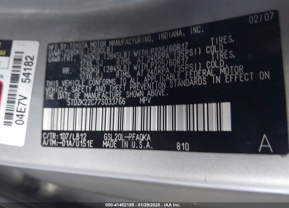 2007 TOYOTA SIENNA XLE VIN: 5TDZK22C77S033766