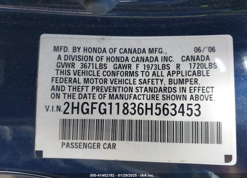 2006 HONDA CIVIC VIN: 2HGFG11836H563453