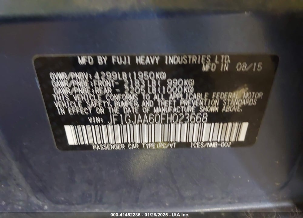2015 SUBARU IMPREZA VIN: JF1GJAA60FH023668