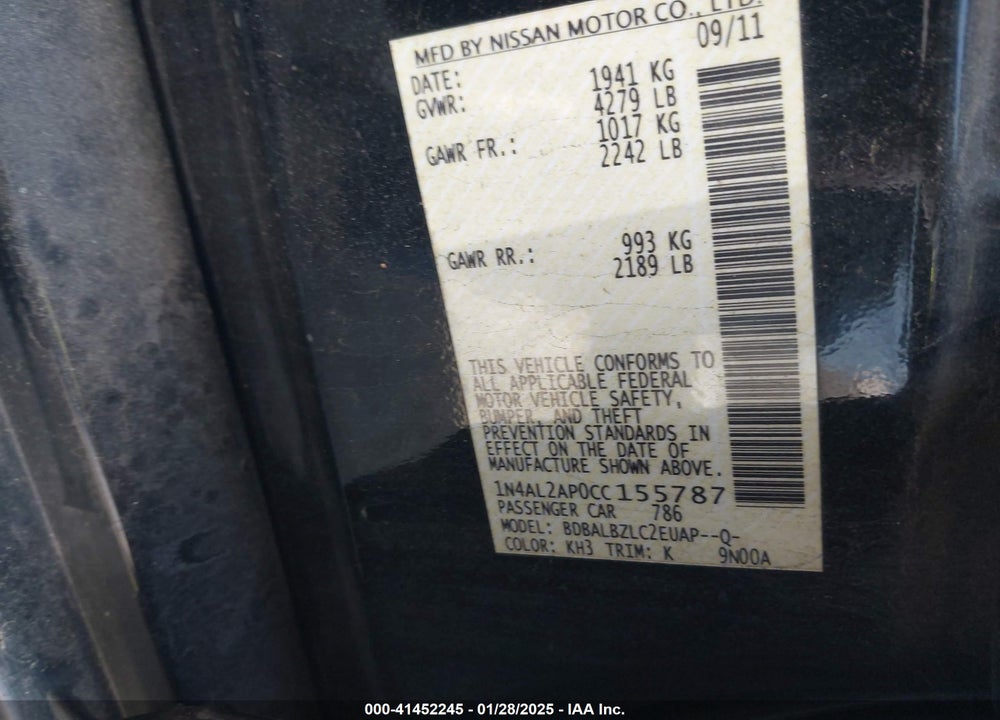 2012 NISSAN ALTIMA 2.5 S VIN: 1N4AL2AP0CC155787