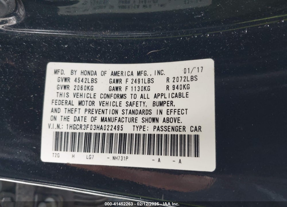 2017 HONDA ACCORD VIN: 1HGCR3F03HA022495