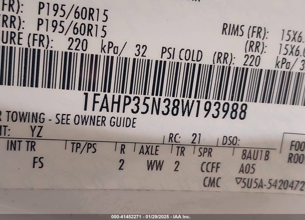 2008 FORD FOCUS VIN: 1FAHP35N38W193988