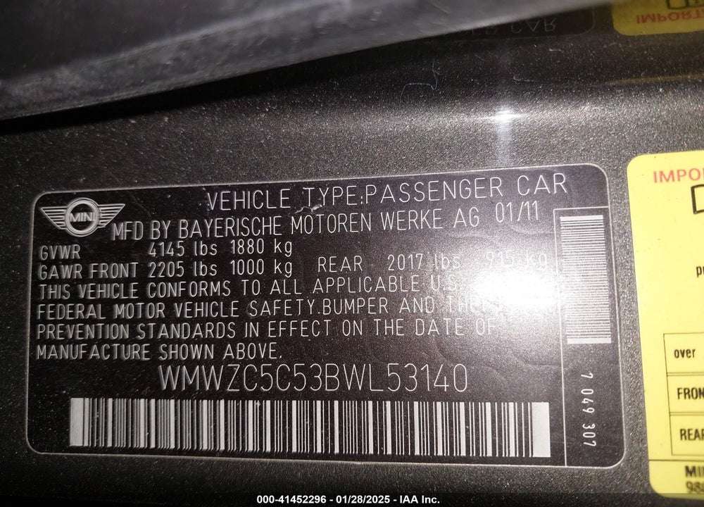 2011 MINI COOPER S COUNTRYMAN VIN: WMWZC5C53BWL53140
