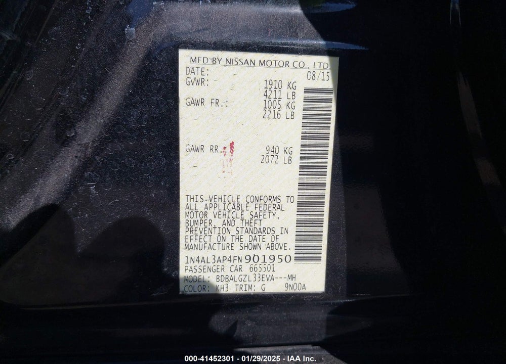 2015 NISSAN ALTIMA VIN: 1N4AL3AP4FN901950