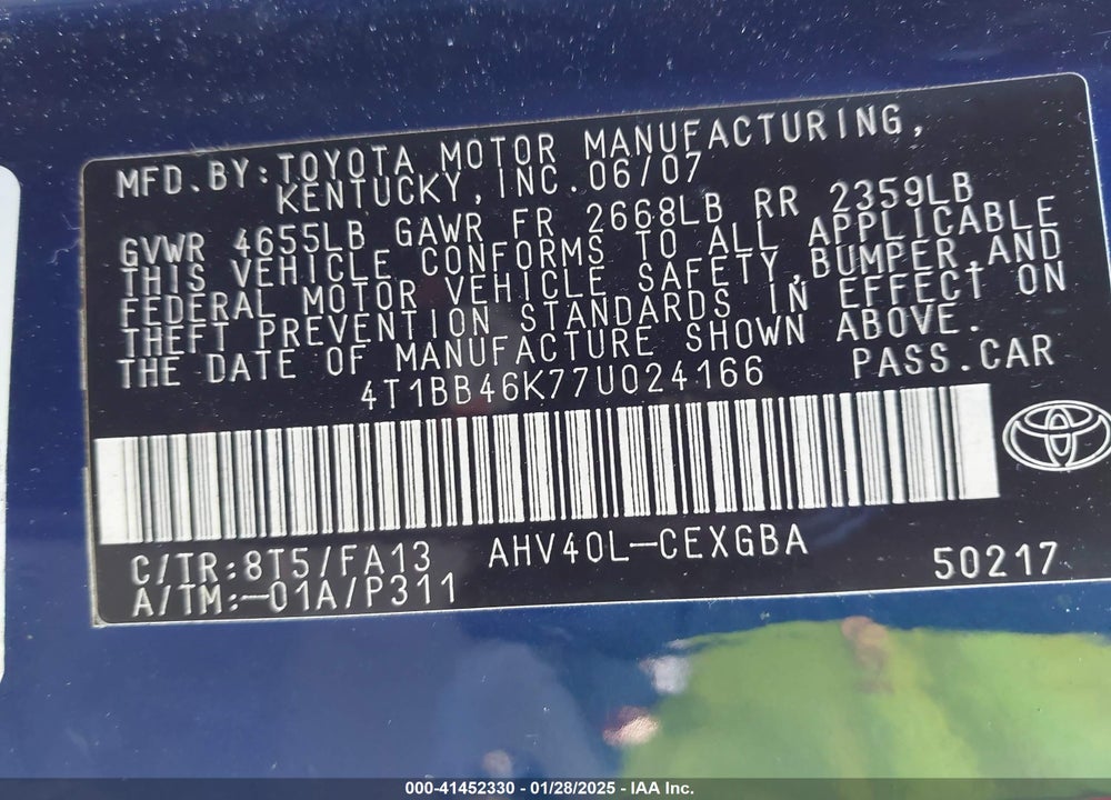 2007 TOYOTA CAMRY HYBRID VIN: 4T1BB46K77U024166