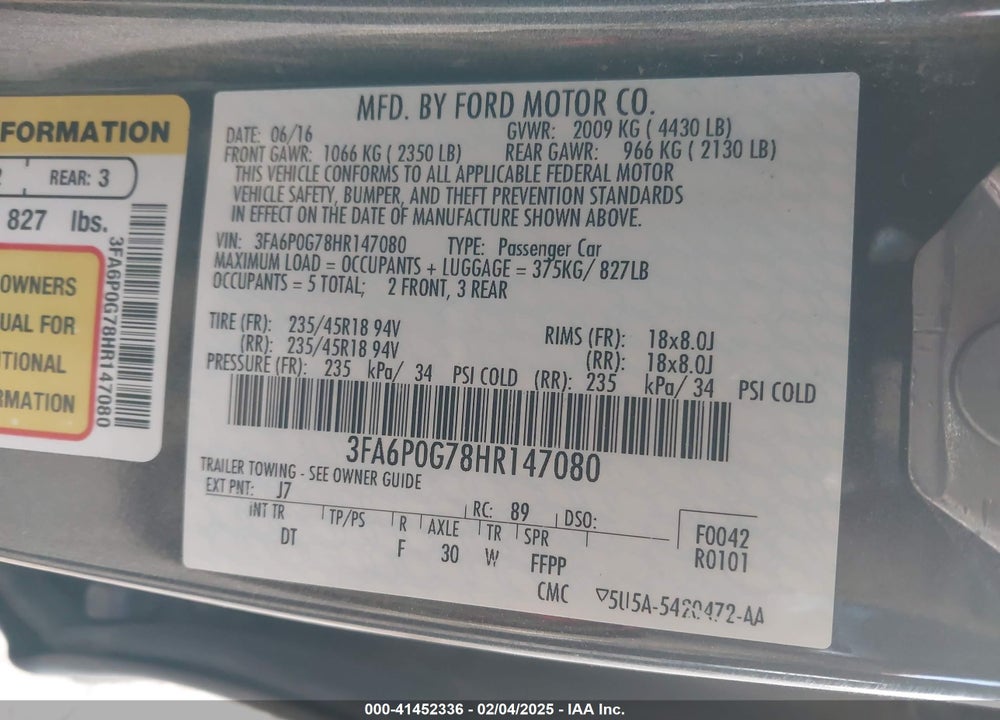 2017 FORD FUSION VIN: 3FA6P0G78HR147080